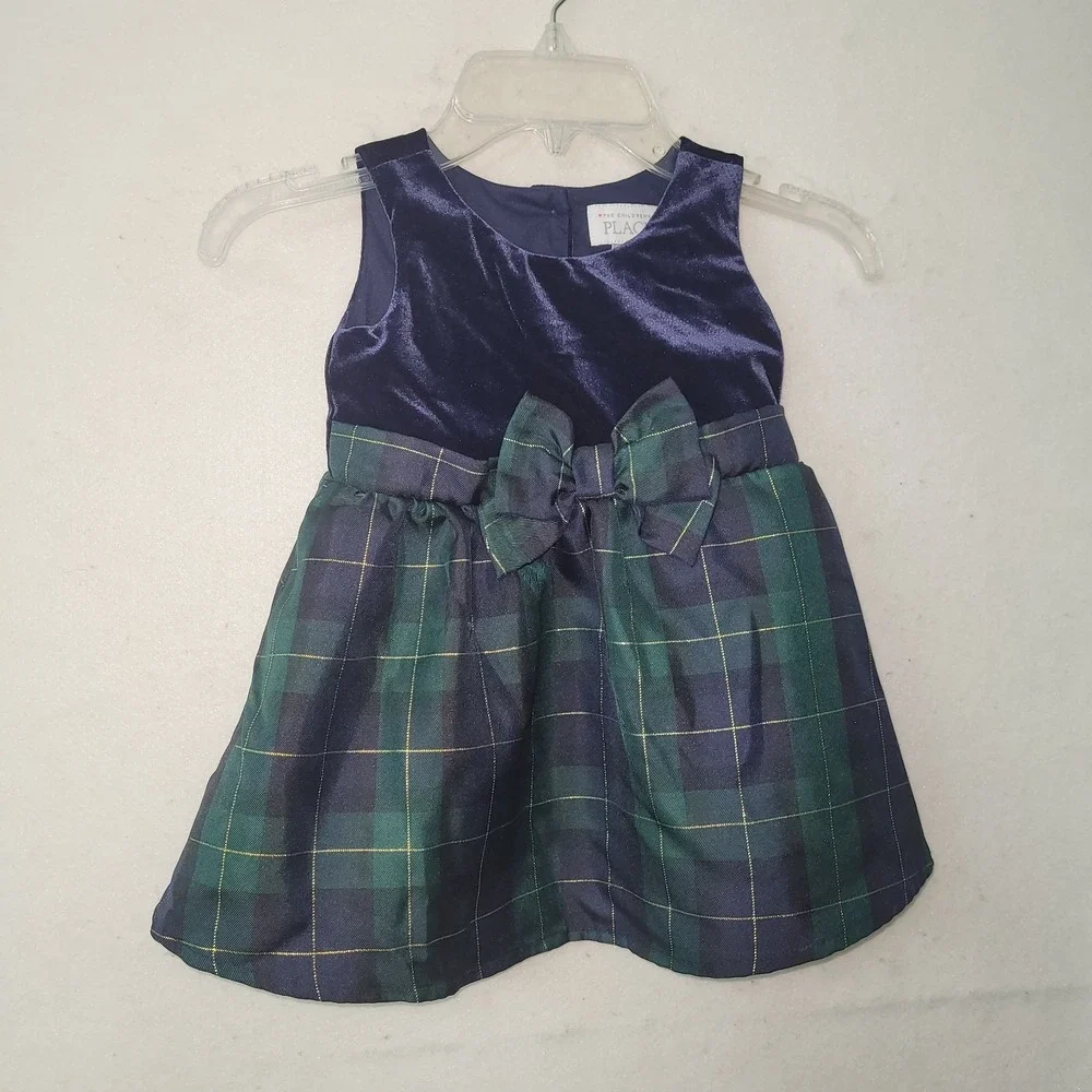 Childrens Place Dress Girl 18-24M Green Blue Velvet Plaid Lined Holiday Party